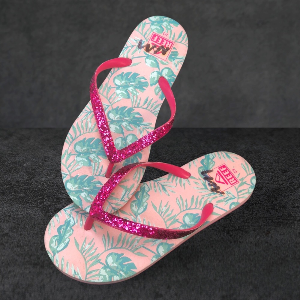 Reef Pink and Teal Tropical Glitter Flip Flops